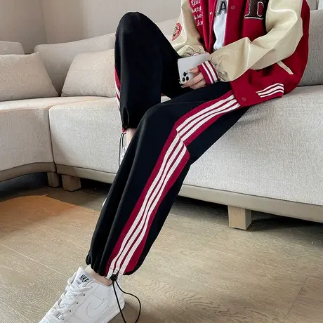 条纹运动裤女束脚2023年春秋新款高腰阔腿宽松显瘦百搭休闲卫裤潮商品大图