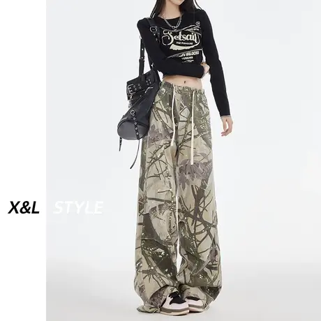 卡其色迷彩工装裤女秋季2023年新款美式直筒垂感休闲牛仔阔腿裤子图片