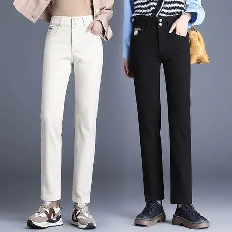 米白色牛仔工装裤女春秋2023新款高腰法棍裤子女春季窄版直筒裤商品大图