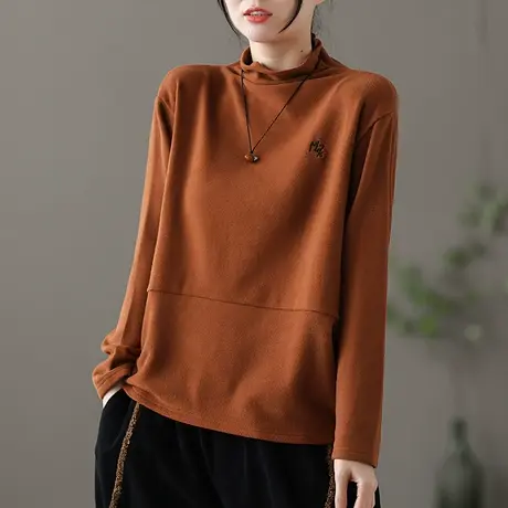 dza 高领薄绒宽松t恤女士显瘦打底衫春秋新款短上衣内搭长袖体恤商品大图