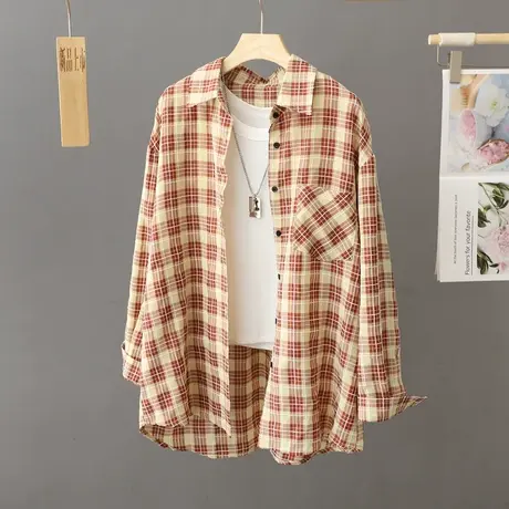 早秋复古格子衬衫女春秋宽松中长款休闲衬衣外套宽松上衣开衫长袖商品大图