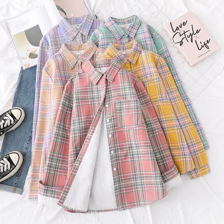 格子衬衫女长袖秋冬新款加厚加绒保暖外套纯棉休闲打底上衣服衬衣商品大图