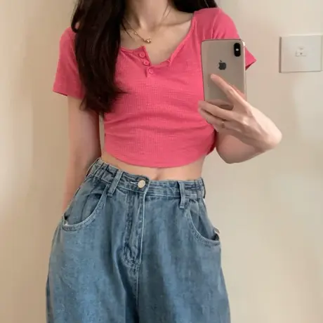 针织T恤女夏季高腰短款露脐性感紧身2023年新款白色短袖上衣ins潮商品大图