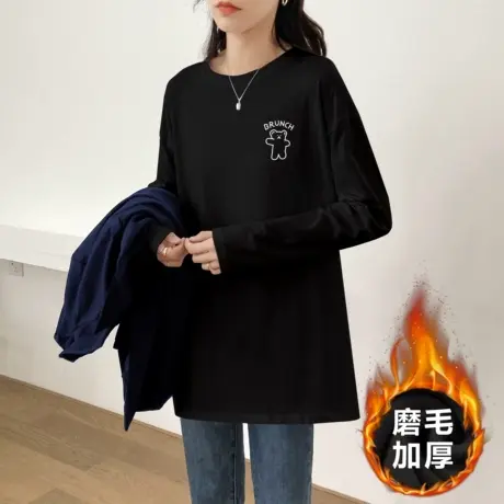 打底衫女春秋内搭长袖t恤中长款磨毛加厚上衣2023年春装纯棉宽松图片