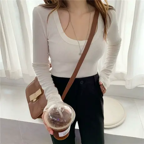 秋装辣妹性感内搭紧身纯色弹力打底衫长袖大u领T恤低胸内搭上衣女商品大图