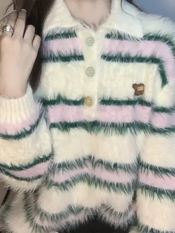 条纹polo领毛衣女秋冬加厚套头高级感小个子温柔慵懒风针织衫上衣图片