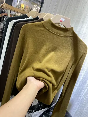 欧货打底衫女2021秋冬新款显瘦百搭磨毛长袖t恤洋气内搭弹力上衣图片