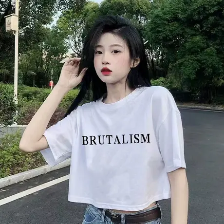 小个子短款t恤女夏季白色短袖春秋冬季内搭打底衫圆领正肩上衣服商品大图