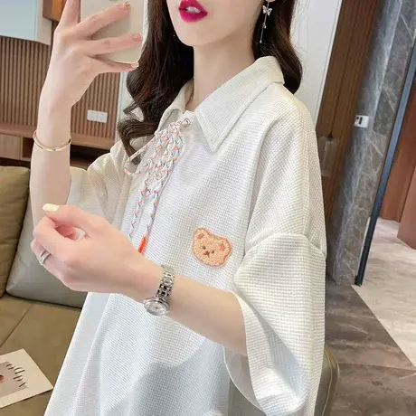 短袖t恤女夏季韩版宽松大码女装中长款翻领polo衫百搭华夫格上衣商品大图