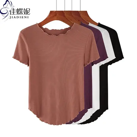 夏季新款韩版圆领修身纯白纯色荷叶边燕尾摆短袖体恤上衣内搭女装商品大图