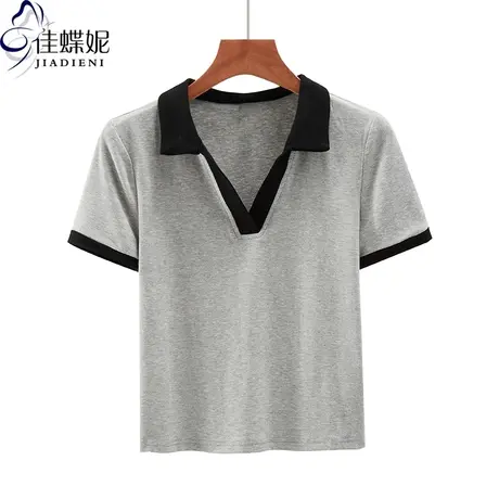 夏季新款韩版翻领修身纯白纯色短款纯欲短袖体恤上衣内搭女打底衫图片