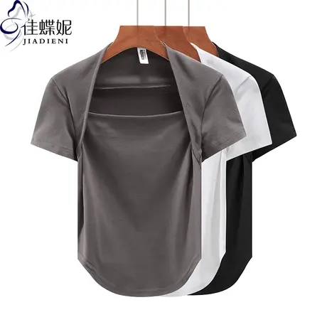 夏季新款韩版包肩领下摆圆弧纯欲纯棉纯欲纯色短袖上衣内搭女T恤图片