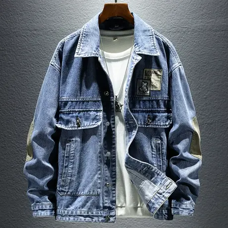 新款牛仔外套男港风日系韩版潮流上衣帅气百搭工装牛仔夹克外衣服图片
