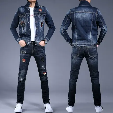 2023新款秋款男士刺绣印花牛仔套装男外套潮牌修身休闲裤子夹克男图片