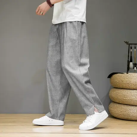 夏季中国风棉麻亚麻阔腿裤男直筒纯色长裤宽松薄款休闲裤棉麻裤子商品大图
