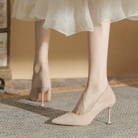 尖头职业高跟鞋女细跟2023年春夏季新款性感少女气质绒面浅口单鞋图片