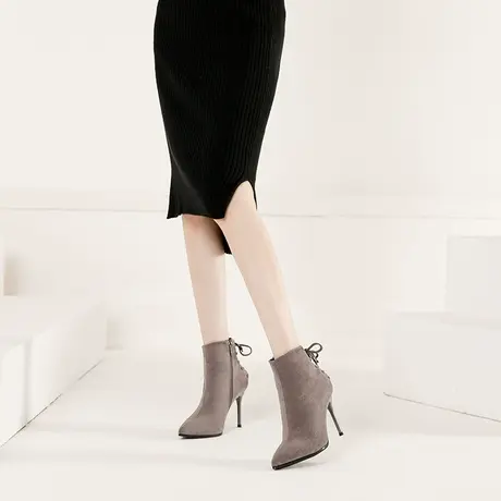 2022年新款秋冬季马丁靴女绒面显瘦尖头系带短靴子韩版细跟高跟鞋商品大图