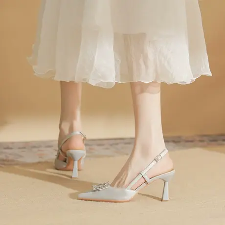 尖头高跟单鞋水钻包头凉鞋女2023年夏季新款细跟配裙子后空高跟鞋商品大图