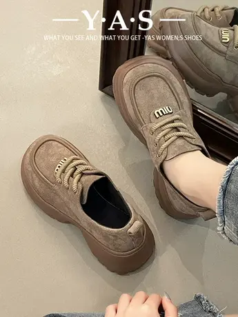 轻便厚底时尚乐福鞋女2024春季新款百搭舒适绒面小个子增高休闲鞋图片