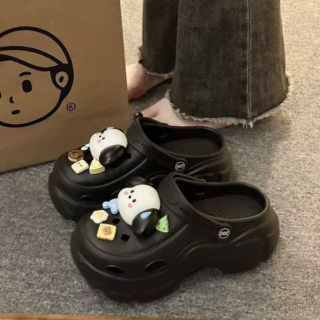 可爱卡通洞洞鞋女款外穿夏季厚底踩屎感两穿包头增高底沙滩凉拖鞋图片