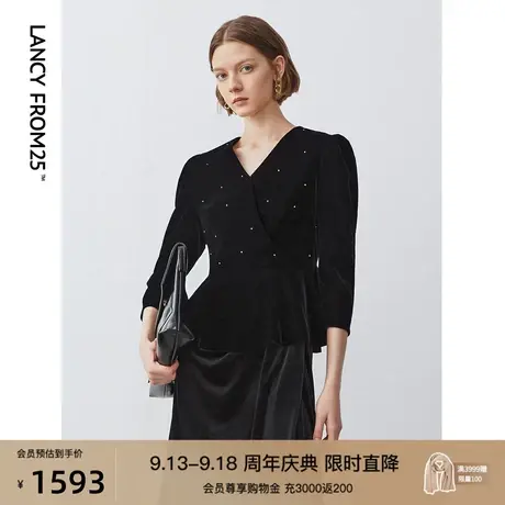 朗姿商场同款2022秋季收腰长袖黑色V领高感级法式通勤上衣女装图片