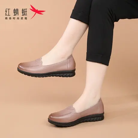 红蜻蜓女鞋春季平底软底一脚蹬休闲小皮鞋妈妈鞋单鞋女真皮全牛皮商品大图