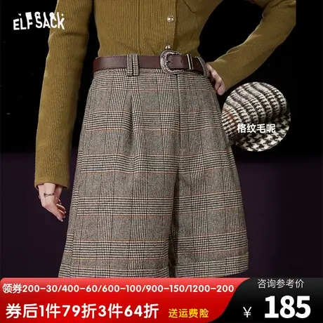 妖精的口袋高腰格纹毛呢短裤女2023冬季新款复古英伦学院风裤子图片