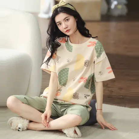 南极人纯棉睡衣女短袖七分裤夏季薄款2022年新款可外穿家居服套装商品大图
