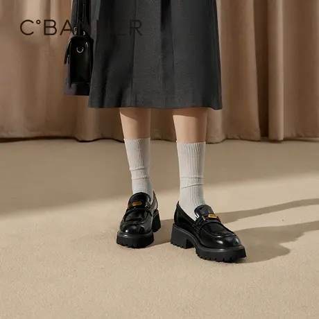 千百度漆皮JK厚底乐福鞋女款2025春季新款增高通勤深口黑色小皮鞋商品大图