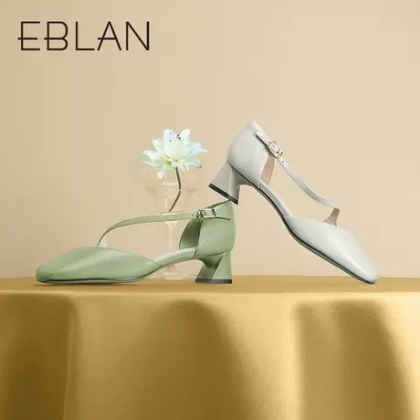 伊伴春夏女鞋凉鞋方头中空真皮高跟鞋百搭通勤圆头粗跟单鞋芭蕾鞋商品大图