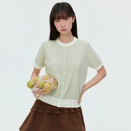 【5/16 20点新品9折】omont蛋挞家复古亚麻混纺条纹短袖薄针织衫商品大图