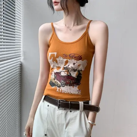 美式复古风印花吊带女上衣2025夏季新款修身辣妹内搭别致无袖背心商品大图