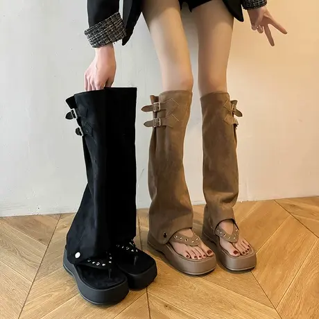 两穿夹趾厚底凉鞋女款2025新款夏季辣妹西部牛仔长靴堆堆裤管凉靴图片