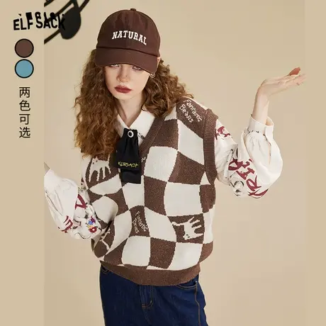 妖精的口袋复古棕色格子针织马甲女2023秋季新款外搭叠穿背心v领商品大图