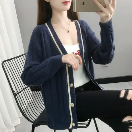 撞色毛衣外套女2025秋季新款韩版宽松慵懒风韩系麻花针织开衫上衣商品大图