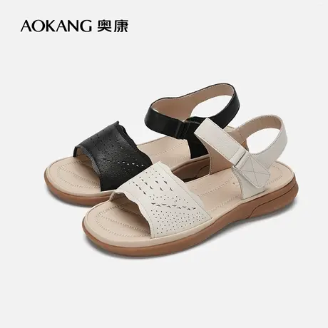 【门店发货】奥康女鞋新款真皮时尚防滑平底透气妈妈凉鞋商品大图