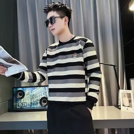 套头卫衣男春秋季2023新款条纹潮流百搭学生休闲长袖T恤打底上衣图片