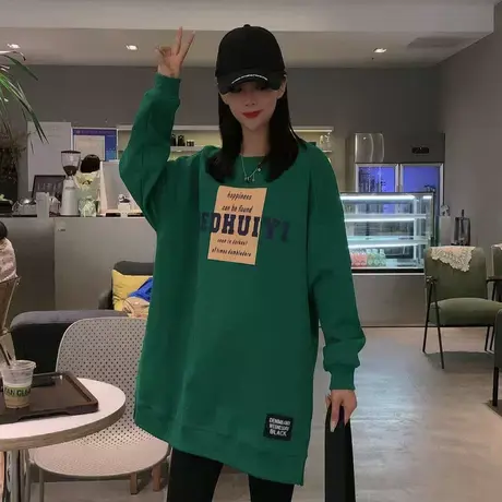 秋装新款宽松韩版圆领ins卫衣春秋薄款长袖显瘦减龄下摆开叉上衣商品大图