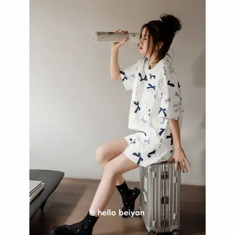 贝妍凉感睡衣女款夏季纯棉圆领短袖套装甜美少女蝴蝶结宽松家居服图片