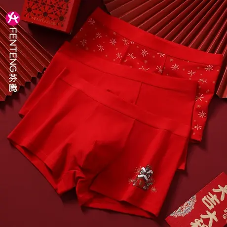 芬腾男士内裤纯棉100%全棉裆红色本命年龙年喜庆结婚平角四角裤头商品大图