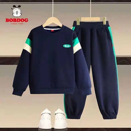 巴布豆2024新款秋冬装男童套装儿童运动加绒加厚卫衣裤子潮两件装商品大图