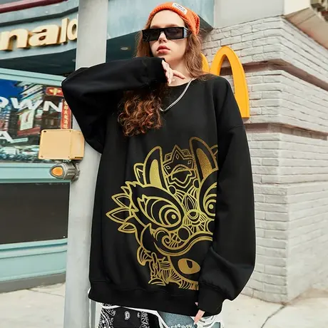 国潮醒狮兔子圆领卫衣男潮宽松ins潮牌oversize烫金慵懒套头上衣商品大图