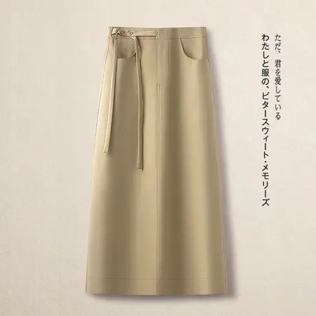 拉夏贝尔卡其色半身裙女春秋2025新款系带设计感工装西装直筒裙子商品大图