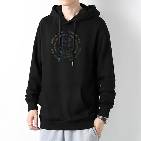 男士卫衣潮牌连帽外套宽松潮流黑色长袖小熊带帽衫秋冬款加绒加厚商品大图