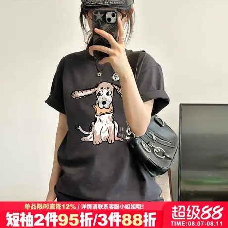 美式复古风卡通狗狗印花深灰色短袖t恤女oversize宽松半袖上衣夏商品大图