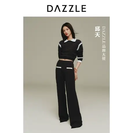 邱天同款DAZZLE地素奥莱2023春新款黑色提花小香风针织休闲裤长裤图片