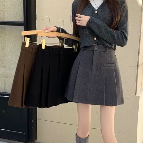 2025新款韩系学院风毛呢西装百褶裙女高腰显瘦a字短裙春秋装裙子商品大图