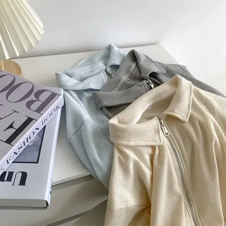 华夫格短款小个子卫衣女初秋薄款宽松显瘦拉链开衫POLO领上衣外套商品大图