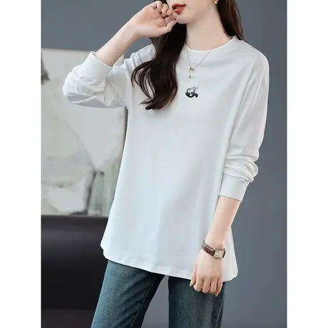 宝诗黎圆领长袖棉质打底上衣女宽松百搭2023早秋新款休闲简约T恤商品大图