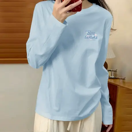 KV真维斯蓝色纯棉长袖t恤女春秋款2025新款宽松体恤内搭打底上衣商品大图
